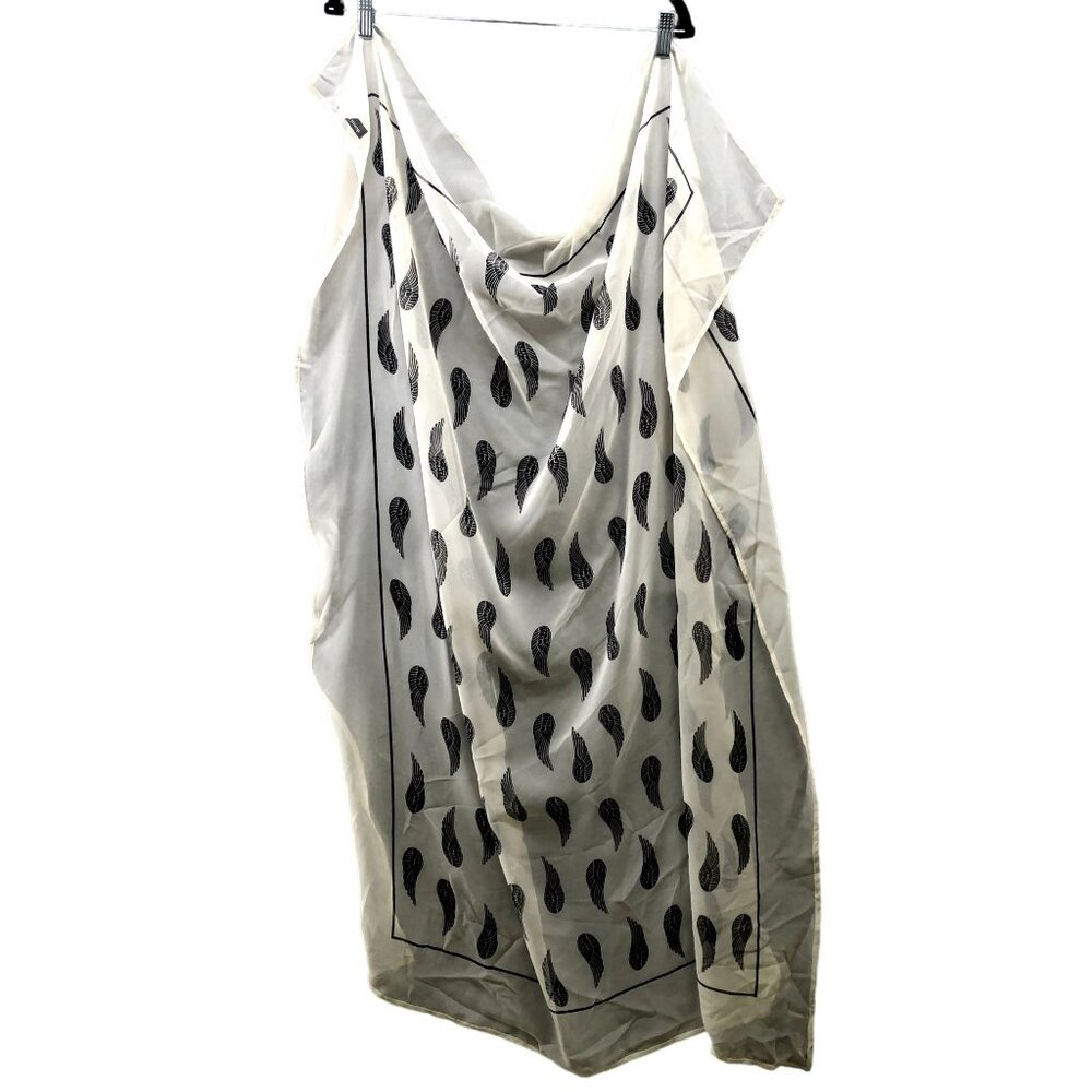 Donni Charm Silk‎ Blend Scarf Womens Shawl Ivory White Black Feather Print